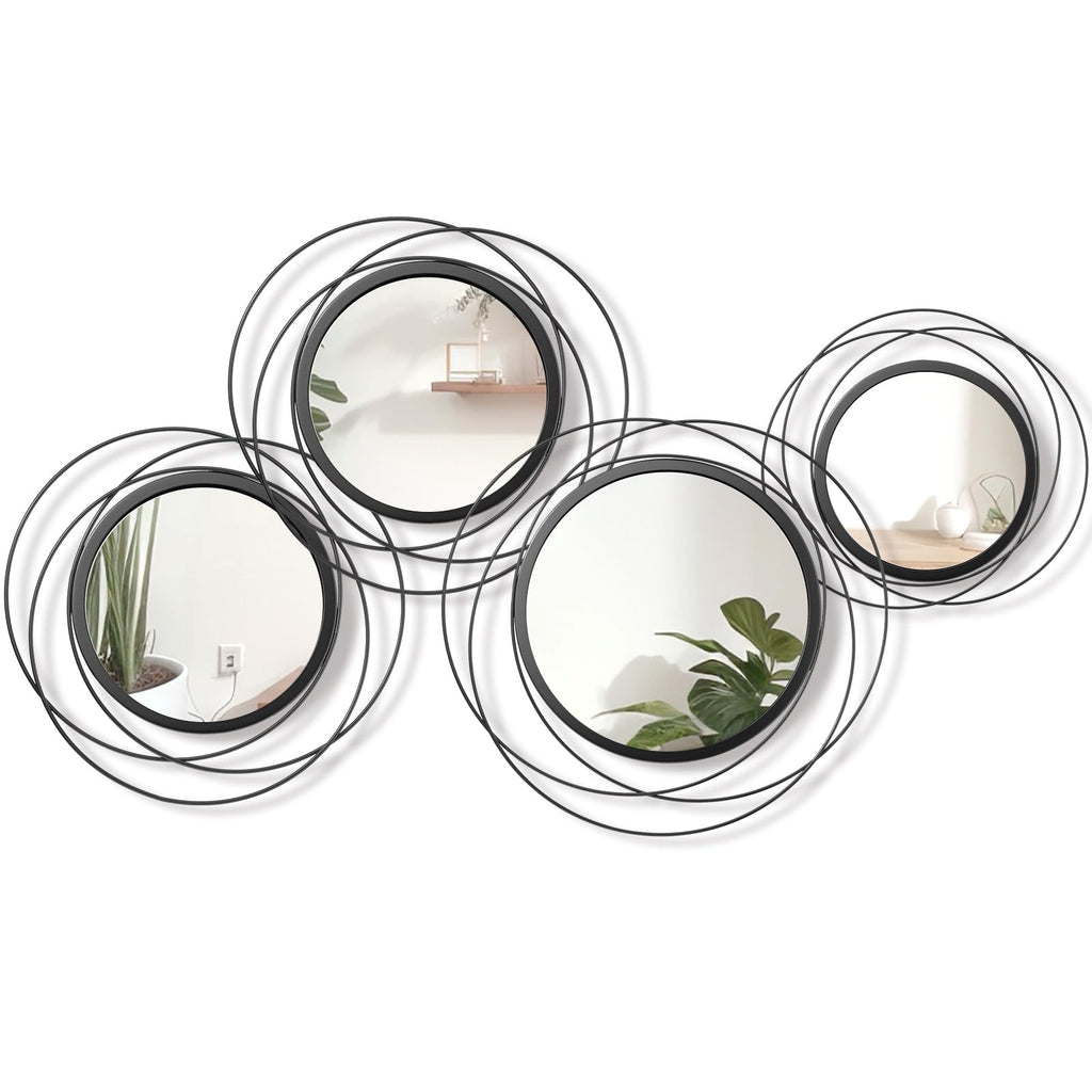 4 Pcs Decorative Round Modern Circle Mirror Wall Art Ring Metal Mirror Wall Mounted (Black)