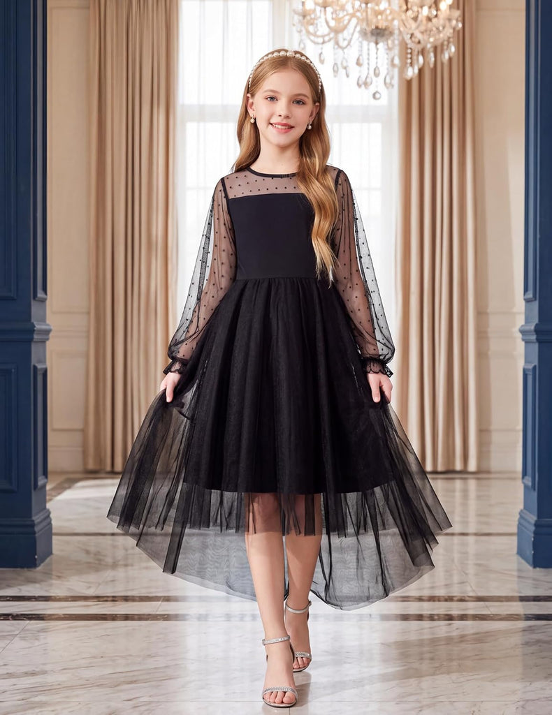 Girls Dresses Mesh Long Sleeve High Low Birthday Party Dress