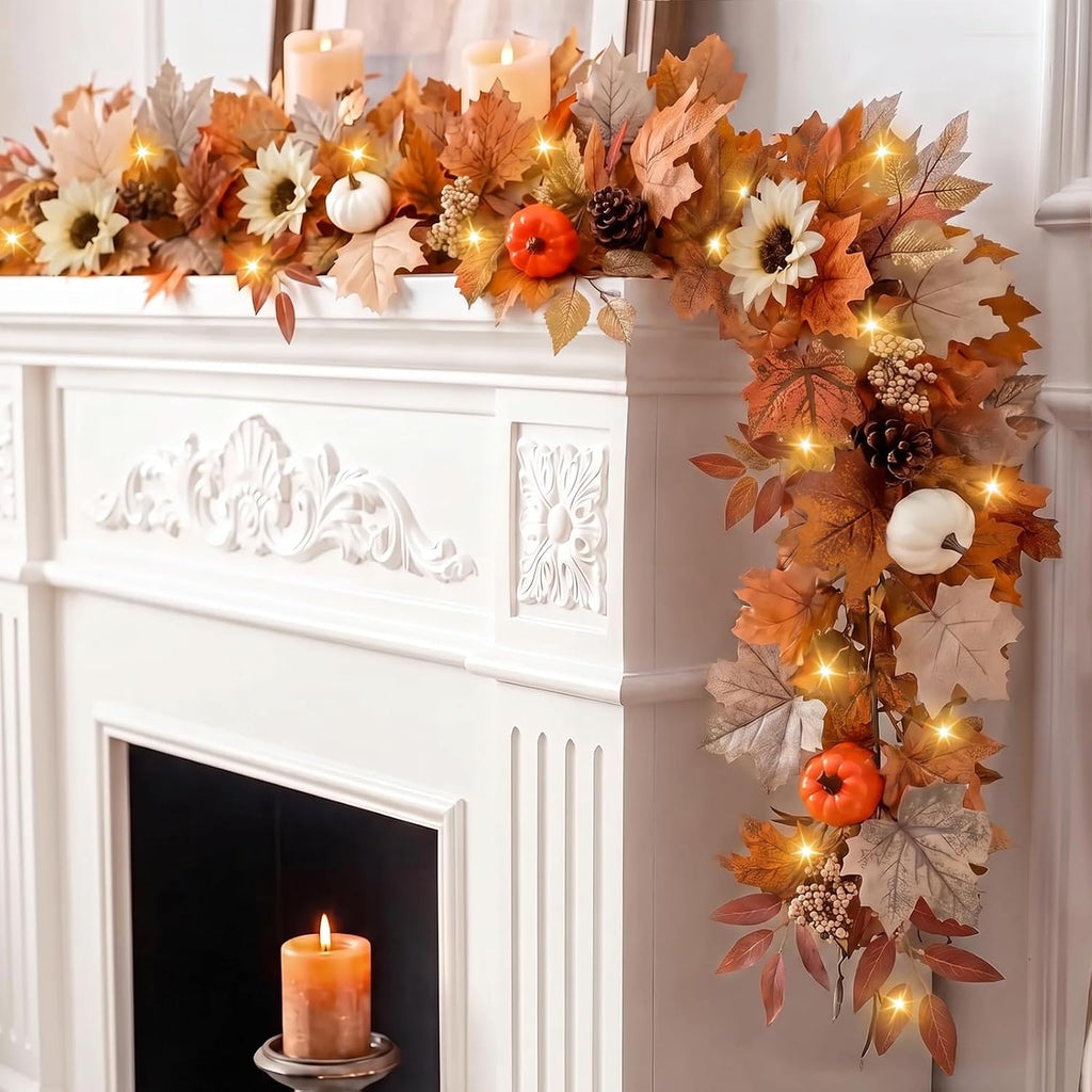 6Ft Lighted Fall Garland with Lights Sunflower Pumpkins for Mantle - Set of 6