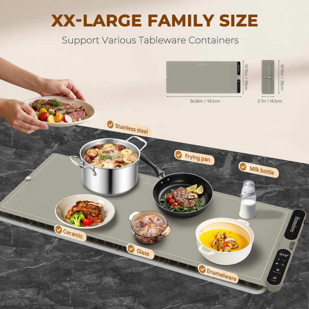 Warming Mat for Food - 7 Temps, 8H Timer, for Buffets Party Khaki