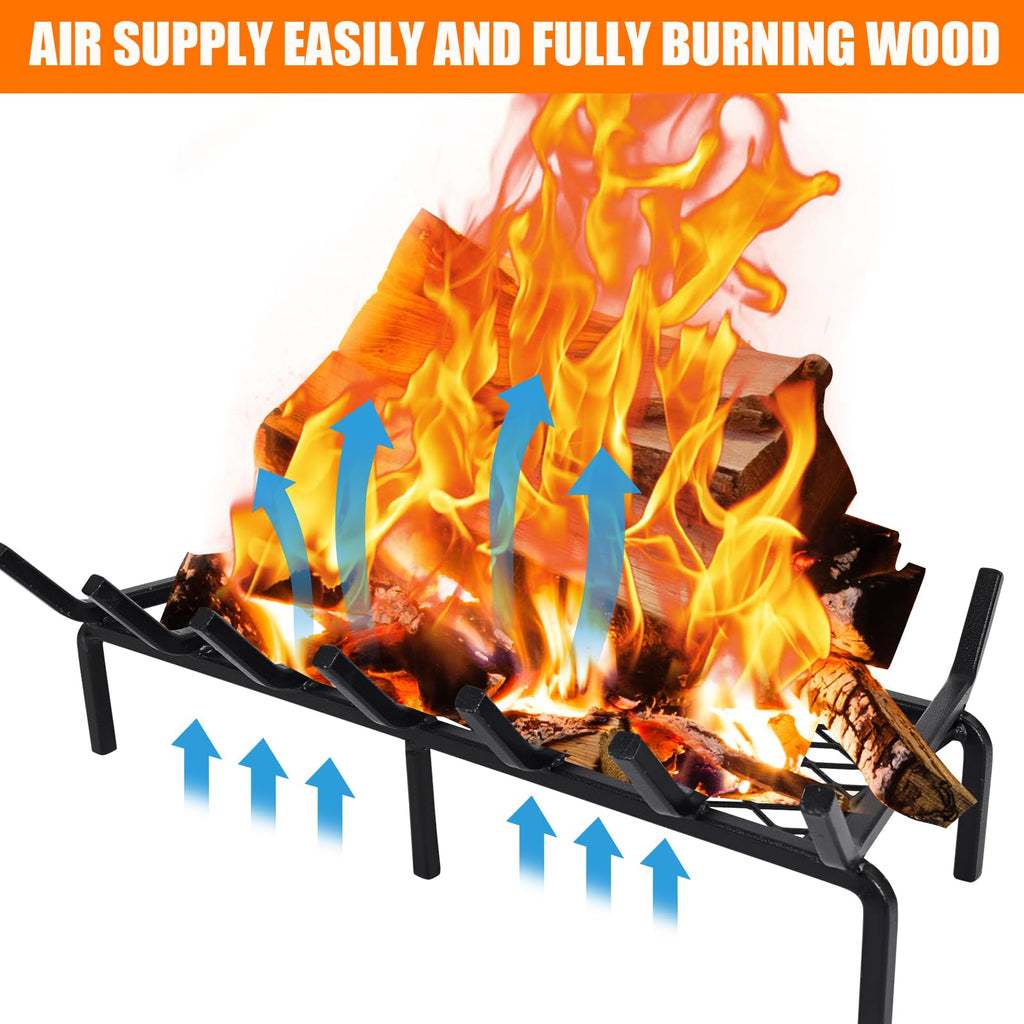 24 Inch Fireplace Grate with Ember Retainer, Cast Iron Fireplace Log Grate, Fireplace Log Holder, Heavy Duty Solid Steel