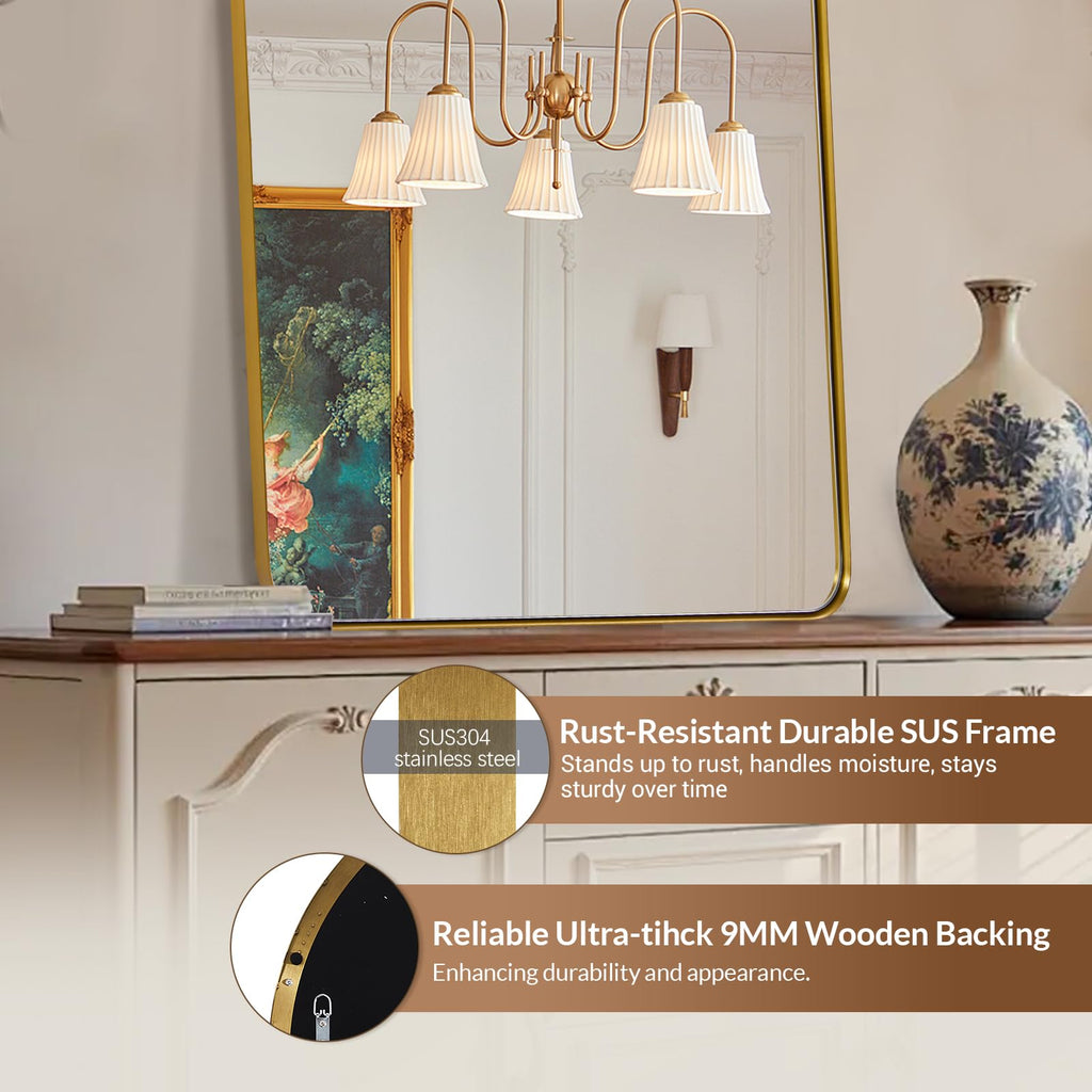 Arched Mirror, 36 x 40 Inch Brushed Gold Wall Mirror in Stainless Steel Metal Frame, Arch Top Rounded Corner 1 Inch
