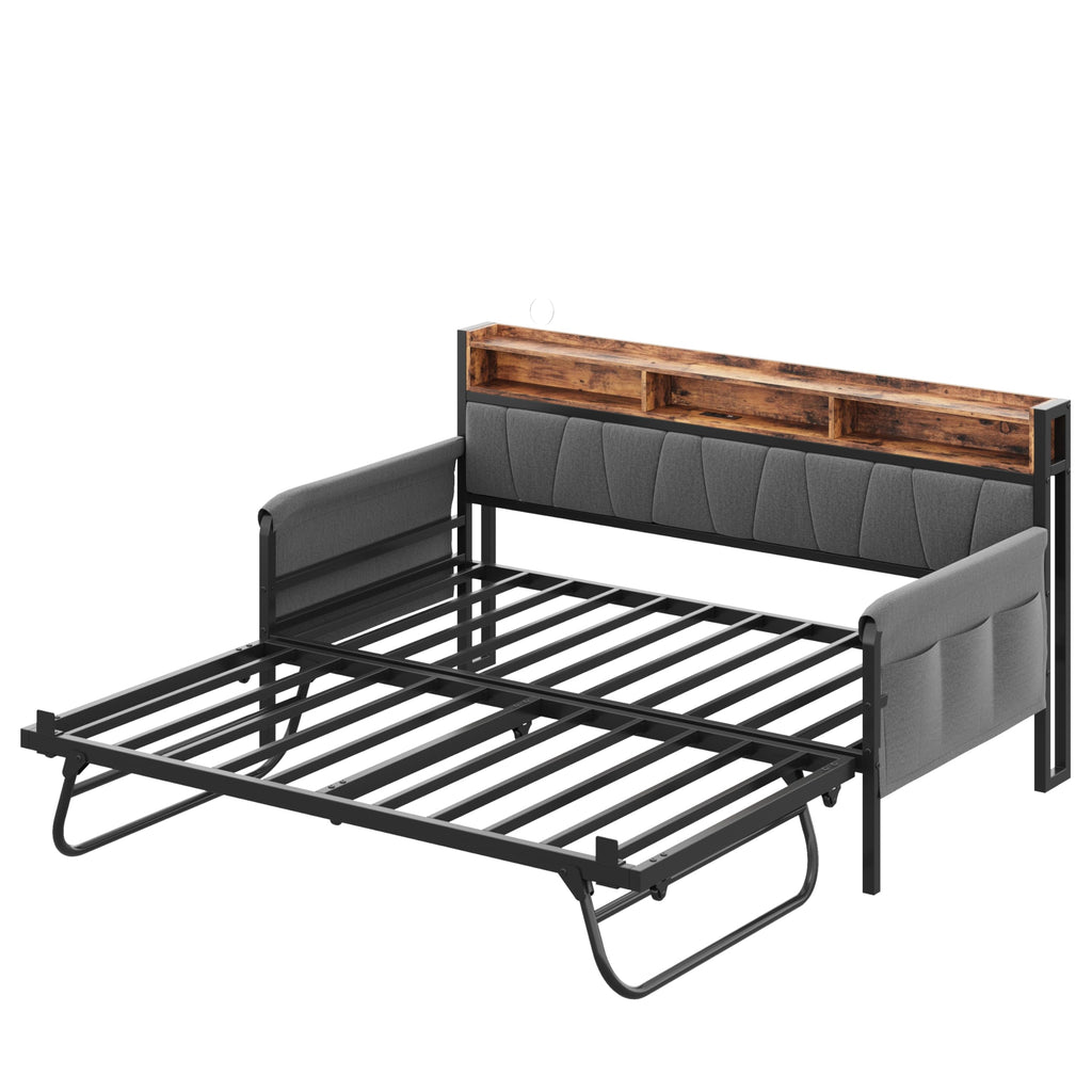 Daybed with Trundle, Storage Headboard and Charging Station, Black