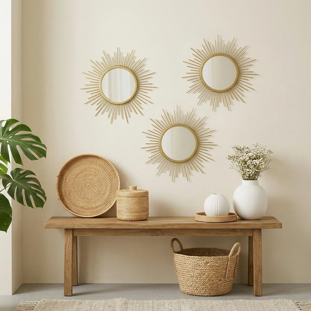 3 Set Sunburst Round Mirrors for Wall Decor Bedroom Bathroom