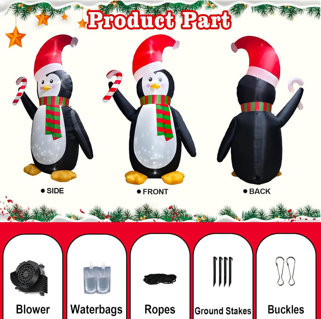 [Flash Light] 12FT Giant Christmas Inflatable Penguin Wear Santa Hat & Scarf Hold Candy Cane Decoration, Christmas