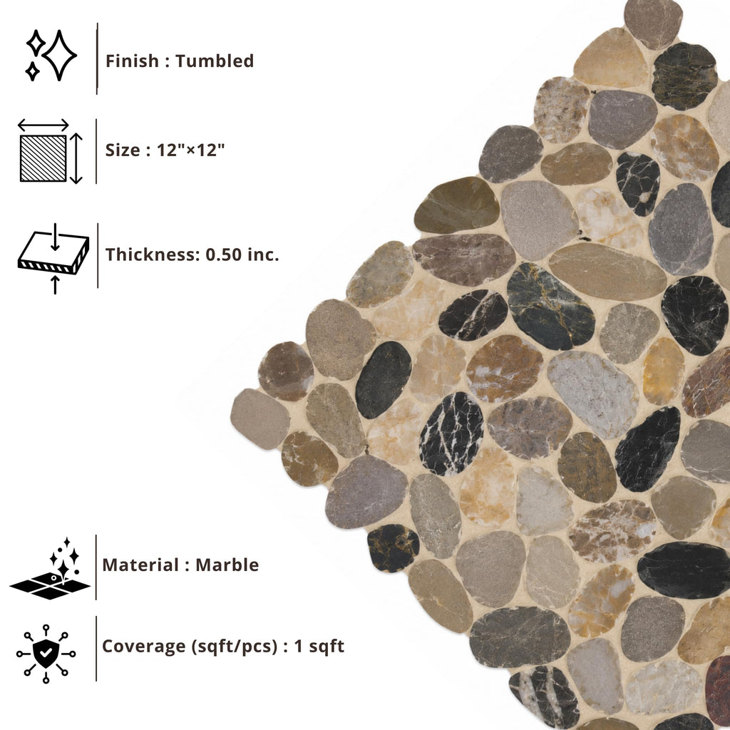 Canyon Blend Multicolor Quartzite Pebble Mosaic Tile, Tumbled Stone (1 Sheet)