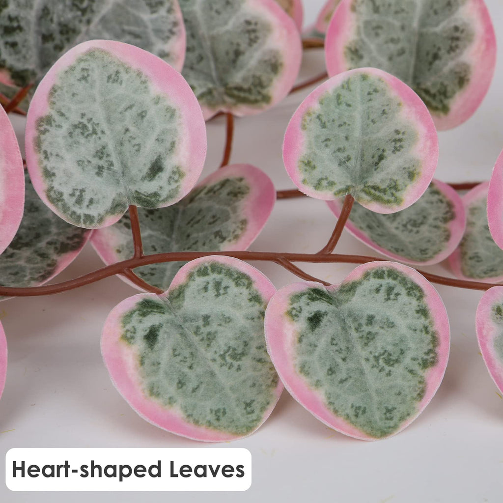 Pink Fake Variegated String of Hearts Plant in White Ceramic Pot