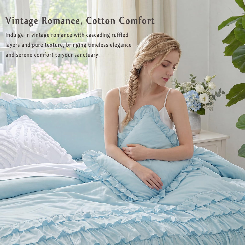 100% Cotton Duvet Cover Set Blue Ruffle Bedding Set Multi-Layers Ruffled Design Duvet Cover 3Pcs Soft Breathable