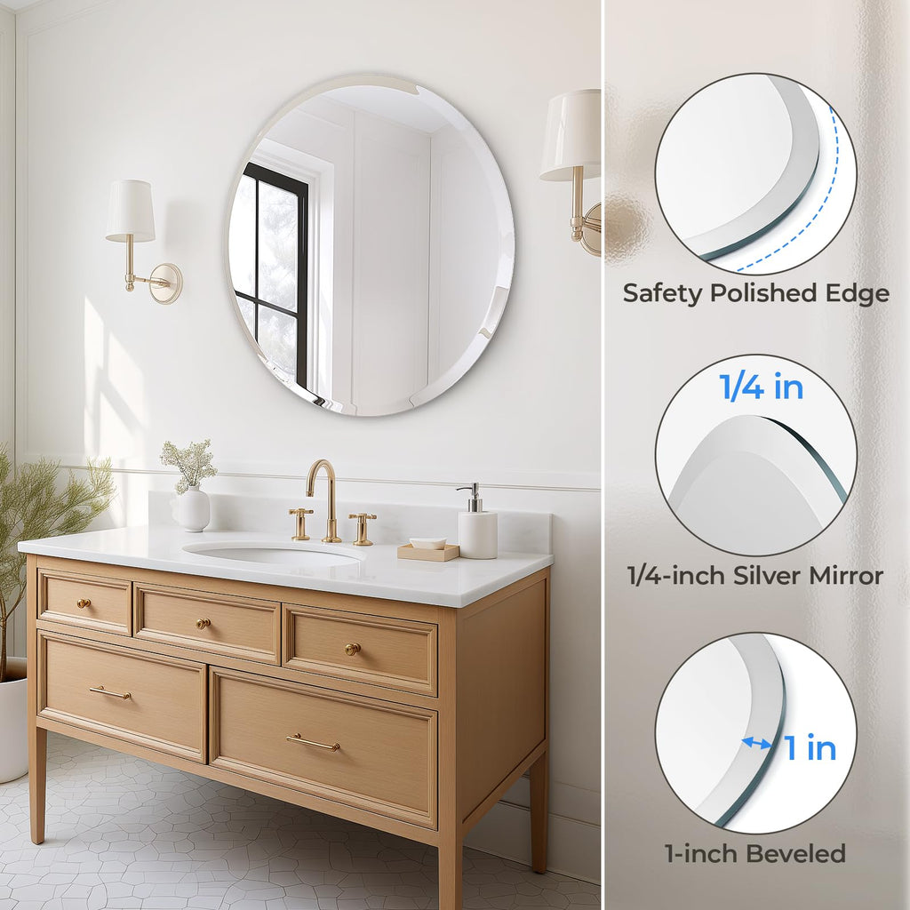 30" Round Frameless Wall Mirror with Beveled Edge
