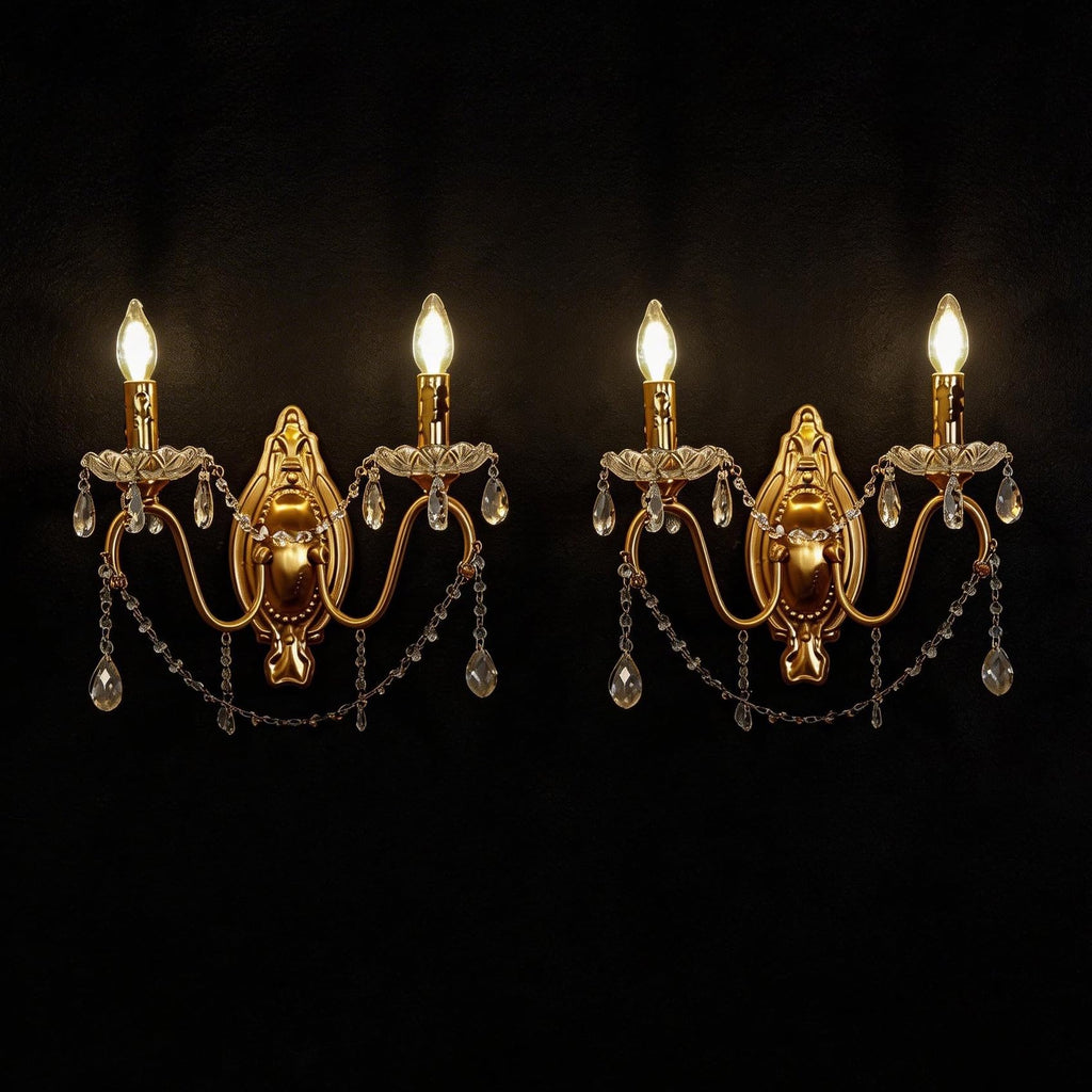 French Vintage Crystal Wall Sconce, Victorian 2-Light Gold Iron Finish, E12 Traditional Candle Style Wall Lamp Vanity
