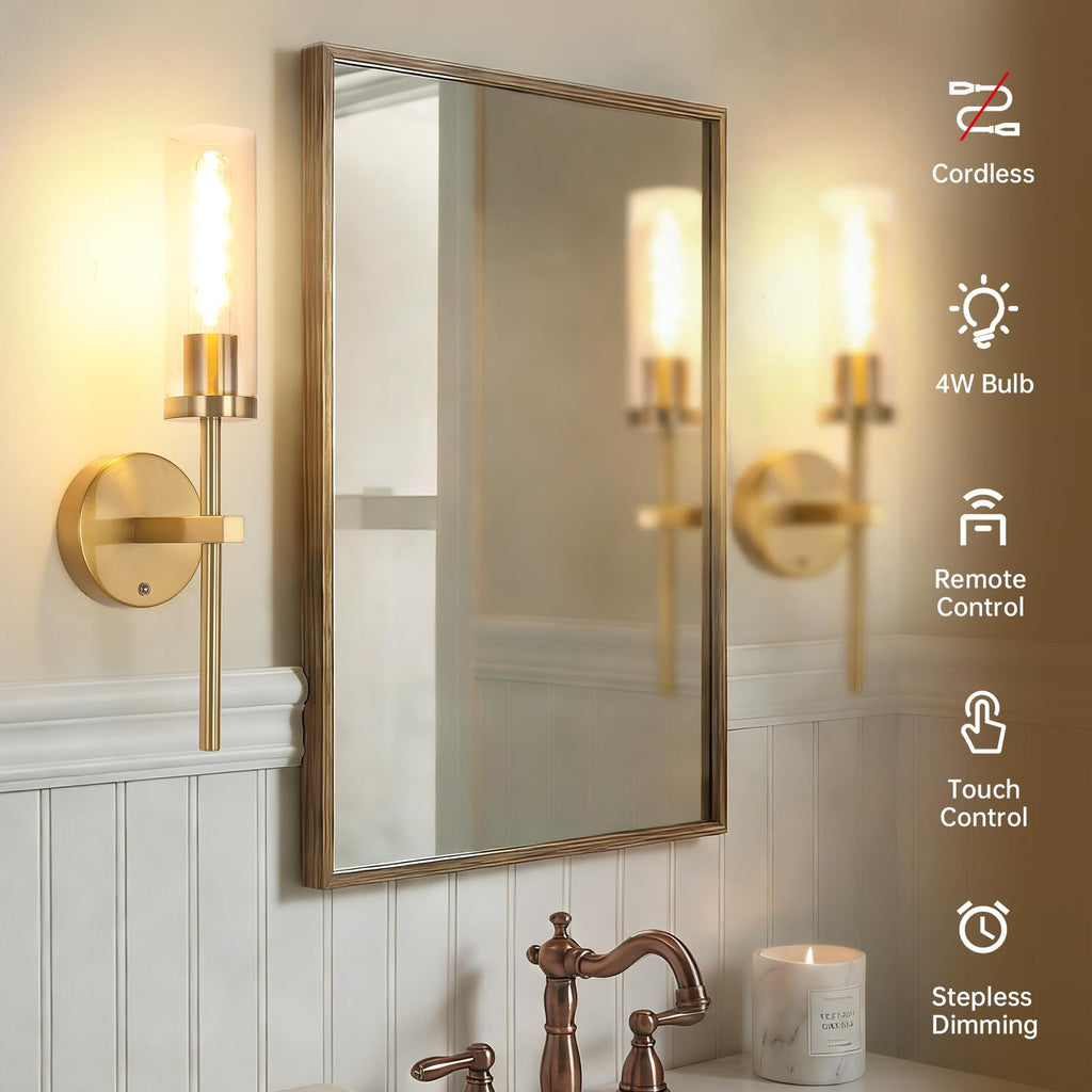 Set of 2 Battery Operated Wall Sconce with 3 Color Temperatures & Remote Control, Gold Rechargeable Dimmable Wall