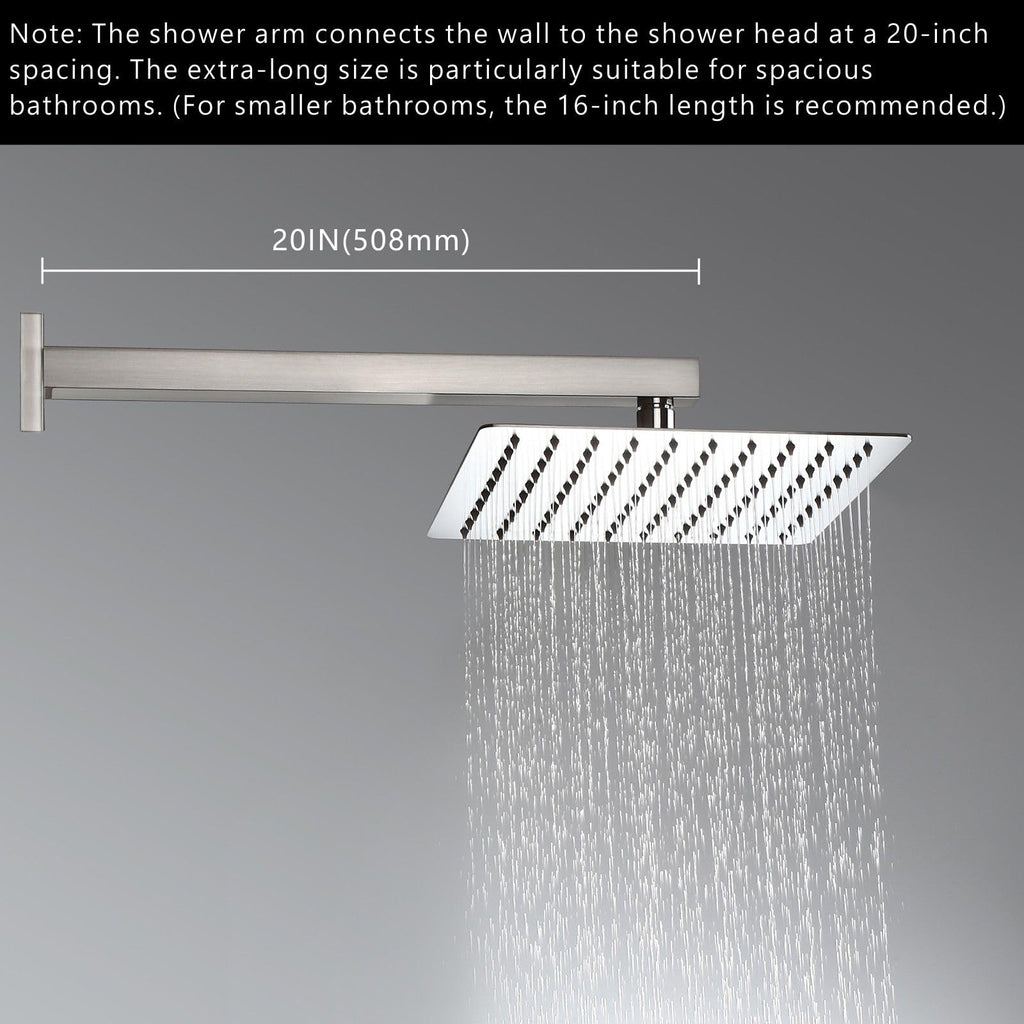 20" Square Shower Arm with Flange and Teflon Tape, Extension Shower Head Arm Fixed Shower Head, Solid Stainless