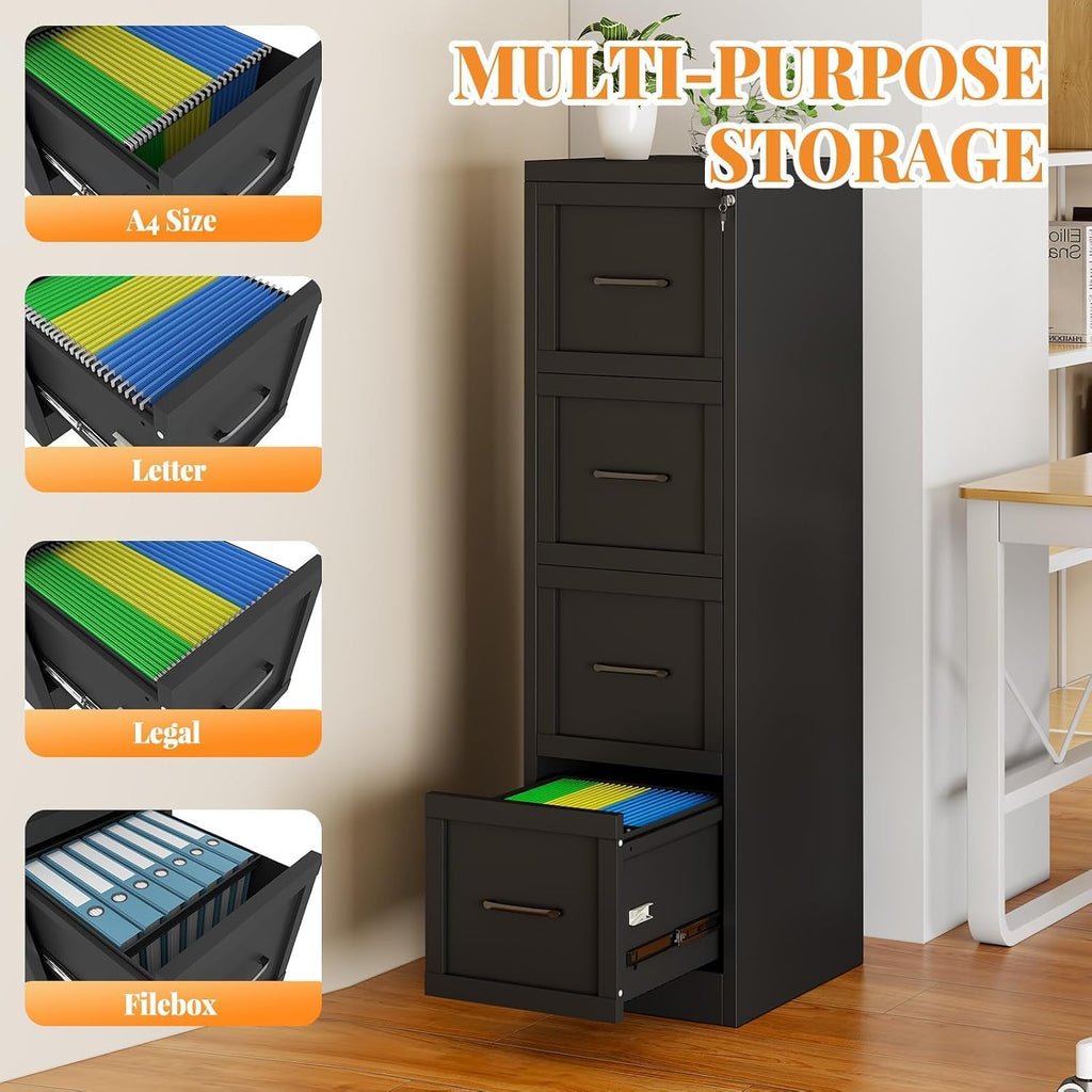 4-Drawer File Cabinet with Lock, Narrow Vertical Filing Cabinets | Metal File Cabinets Storage Cabinet for Letter