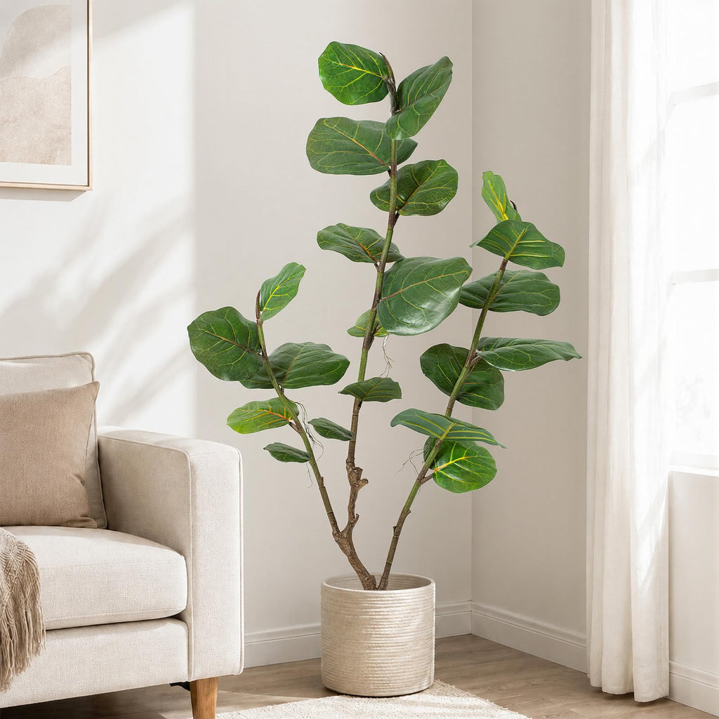 Faux Fiddle Leaf Fig Tree, 4 Ft Artificial Ficus Audrey Plant with Realist Aerial Roots, Fake Plants Indoor with Pot