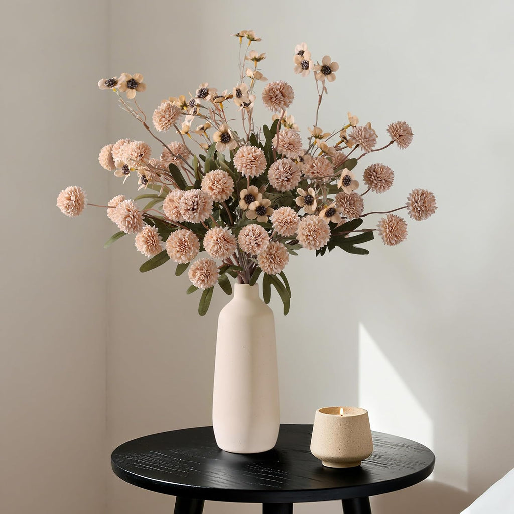 Fake Mums Kiku Flowers Artificial with Wild Flowers Bulk, Beige Silk Flower Arrangements Decor Floral - Set of 8