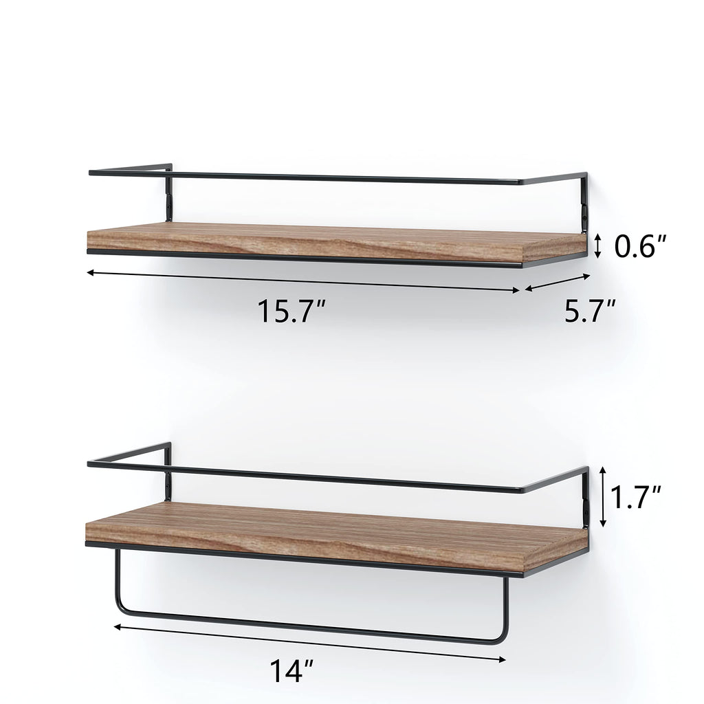 Rustic Wood Floating Shelves - Set of 2, Wall Mounted Hanging Shelves with Black Towel Rack, Decorative Storage