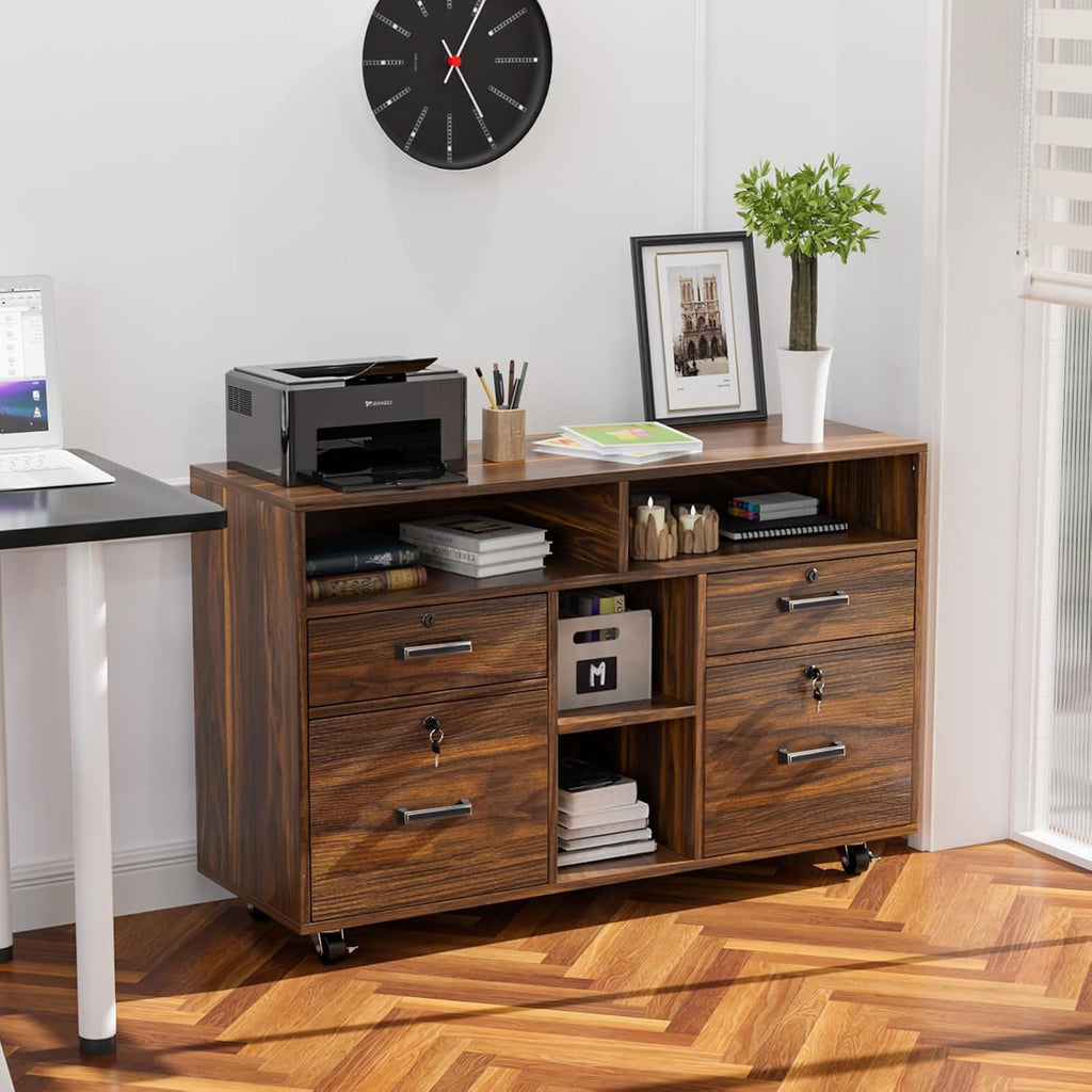 Dark Brown Wood Lateral File Cabinet with Lock, 4 Drawer & 4 Open Shelves, Rolling File Cabinet , Letter Sized