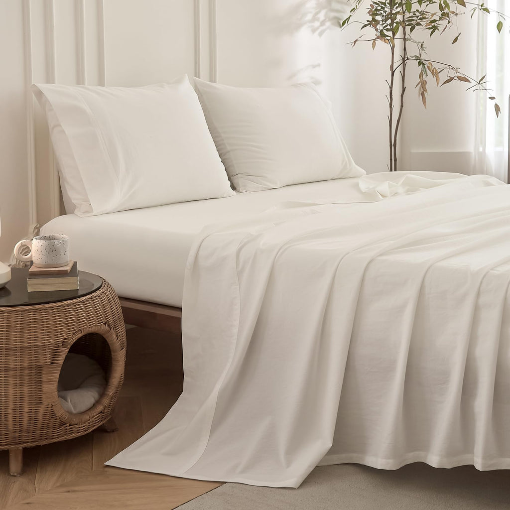 6PS Off White Bedding Sheet Set, 100% Washed Cotton