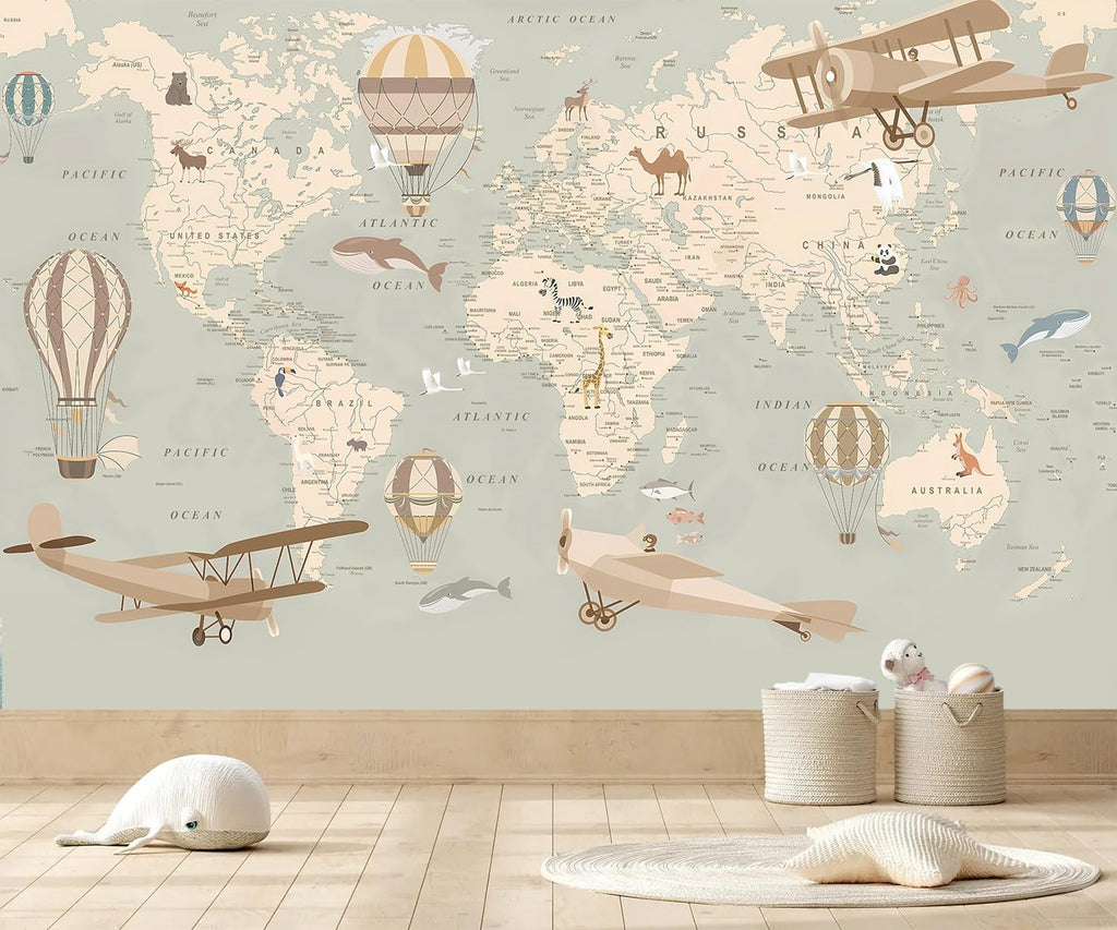 Vintage Animal Wallpaper Cartoon Aircraft Map wall murals for Kids Room 159"x107"(Not Peel and Stick)