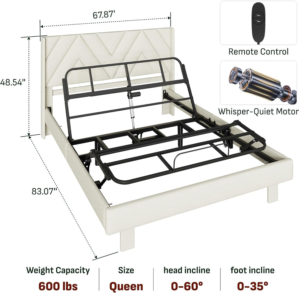 Queen All-in-One Adjustable Bed Frame with Upholstered Bed Frame Headboard, Electric Bed with Remote Control