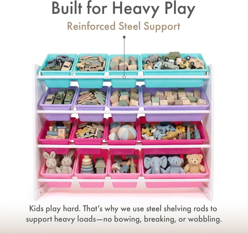 Kids Toy Organizer with 16 Bins, 4 Tier Storage | Sturdy wood and steel toddler shelf, removable BPA-free containers