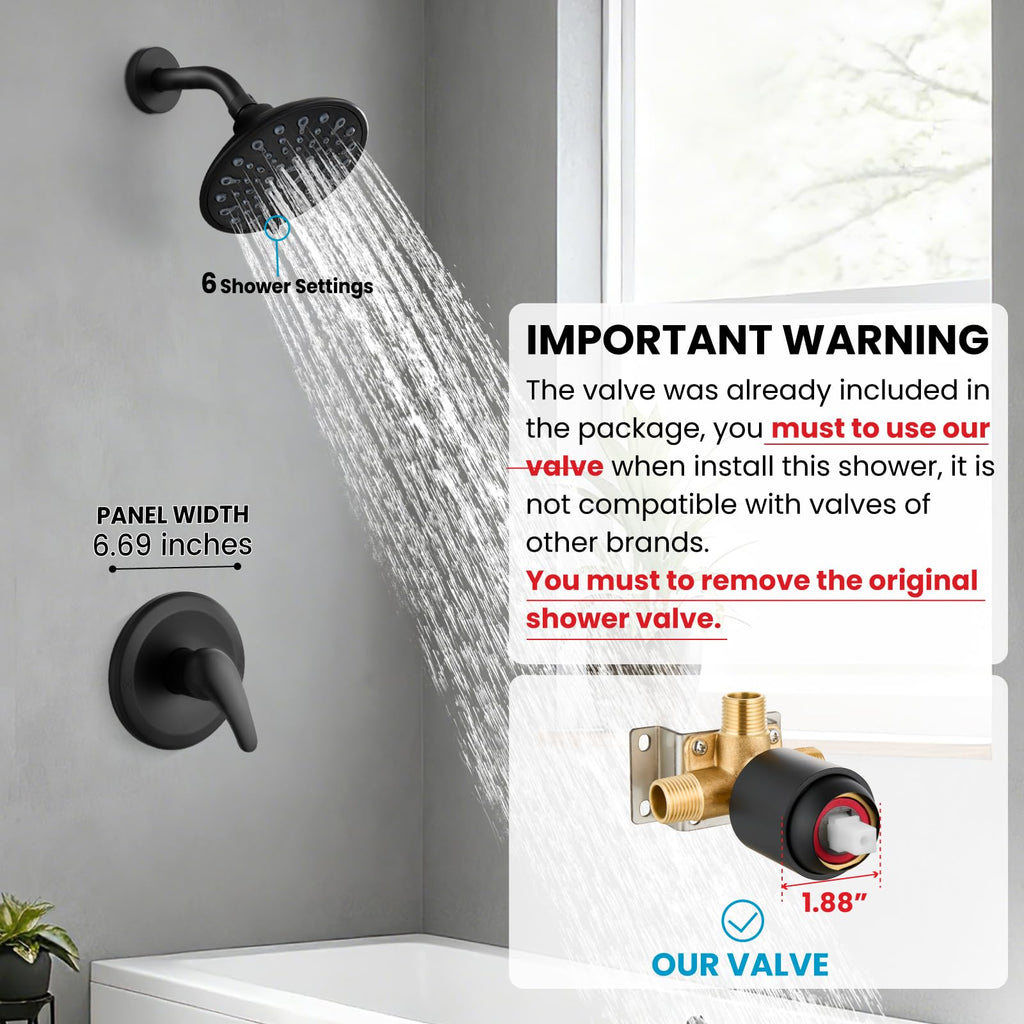 Shower Faucet Set with Valve 6 Mode Rain Head Matte Black