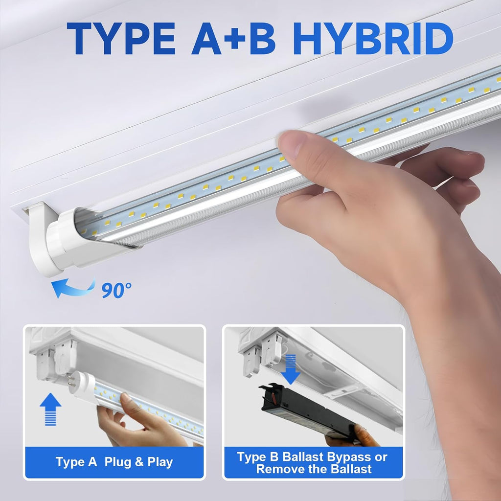 12 Pack Type A+B T8 LED Bulbs 4 Foot, 24W 3200LM, 6000K Cool White