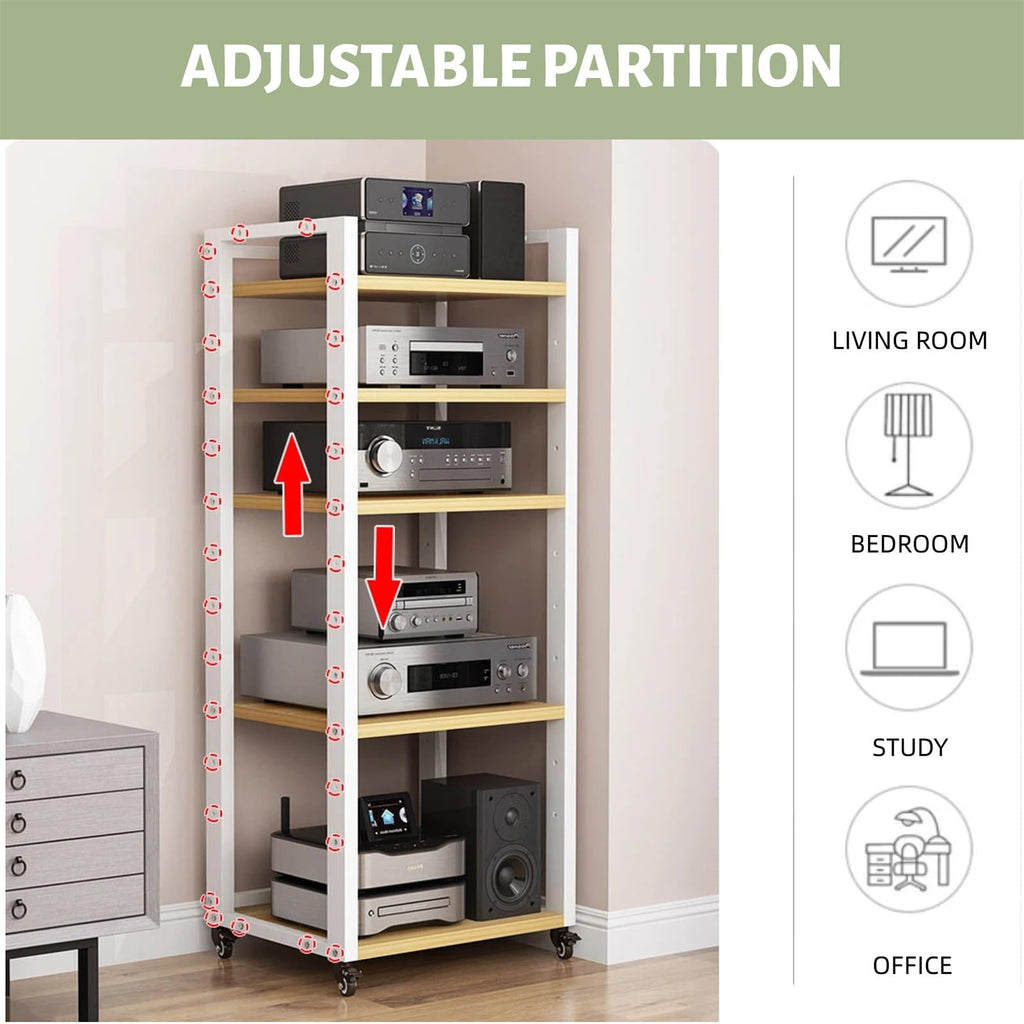 7 Tier Av Media Stand with Wheels, 55in Adjustable Audio Rack