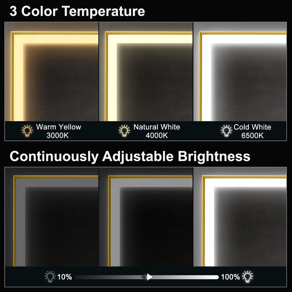 24x32 Premium Gold Framed Medicine Cabinet with Lights, 3-Color/Dimmable, Anti-Fog, Aluminum, Plug-in & Hardwired