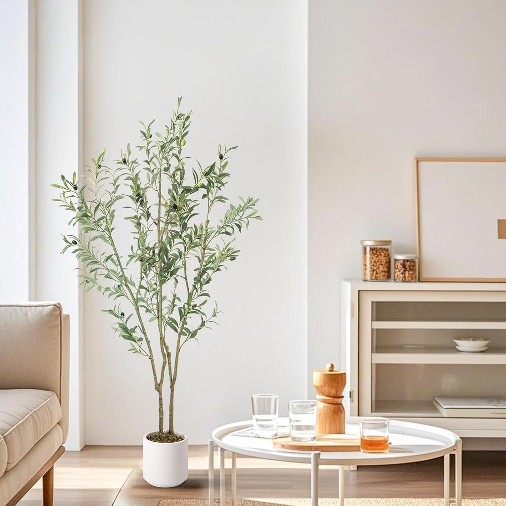 Fake Olive Tree 5FT Tall 1Pack with White Planter Decor