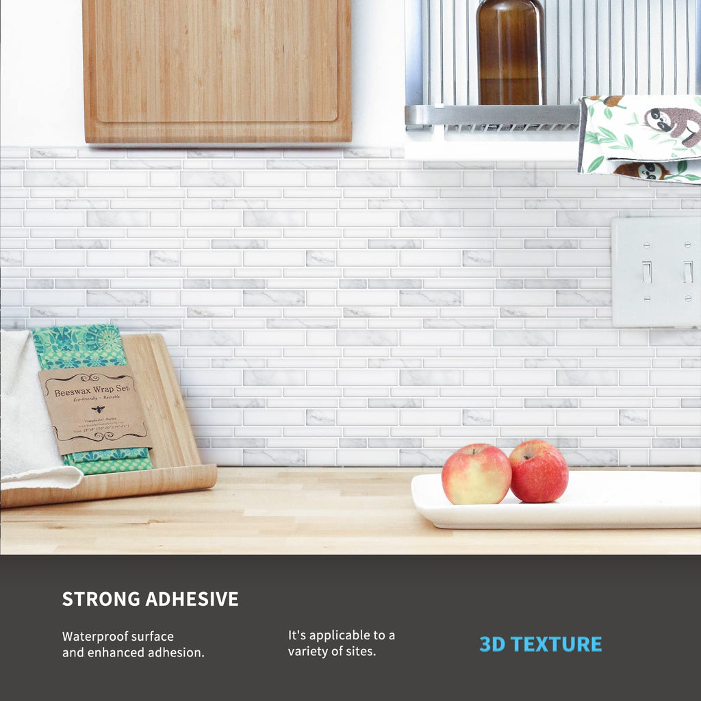 Stone Peel and Stick Backsplash, 10-Sheet, 12" x 12", White Marble