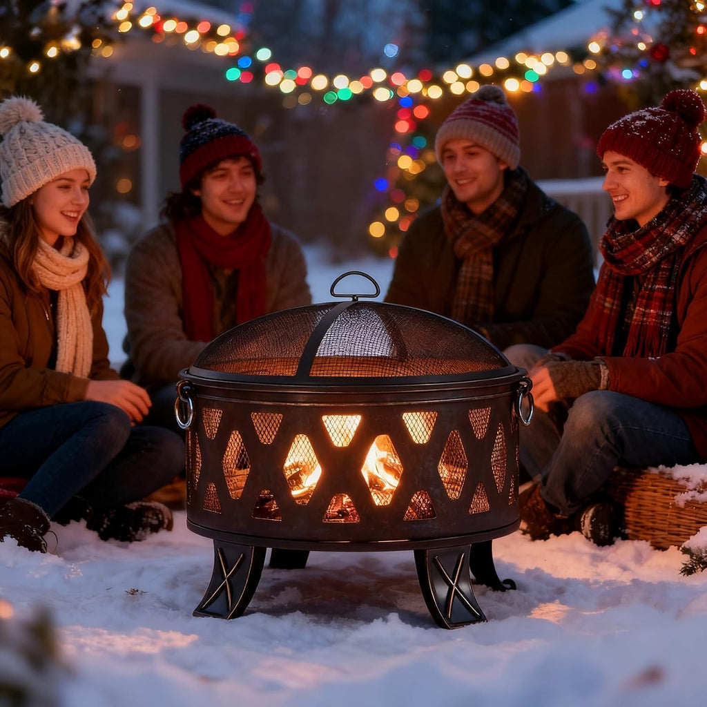 26 Inch Wood Burning Fire Pit with Cooking Grill and Spark Screen, Outdoor Metal Round Firepit