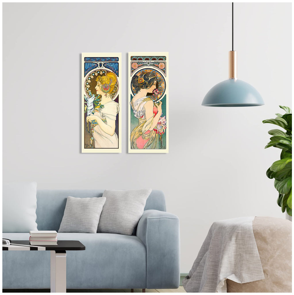 Alphonse Mucha (Primavera, Pluma) 2 Panel wall Art Decorations Giclee Print On Canvas 30x12inch x2pcs (30x24inch)