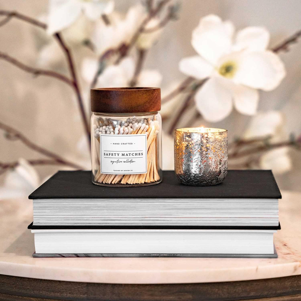 Touched By Design Co Signature Decorative Match Holder w Approx 150 White 3" Matches in a Jar | Glass Match Bottle