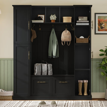 Farmhouse Elegant Hall Tree with Bench, 4 Side Cabinets, Adjustable Shelves & Open Cubbies, Beadboard Entryway Bench