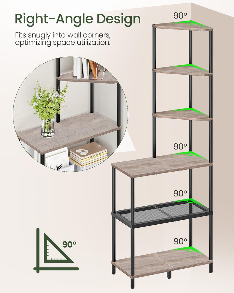 6-Tier Corner Shelf, Industrial Corner Bookshelf with Desk Top, Diamond-Shaped Storage Shelves, Display Stand for