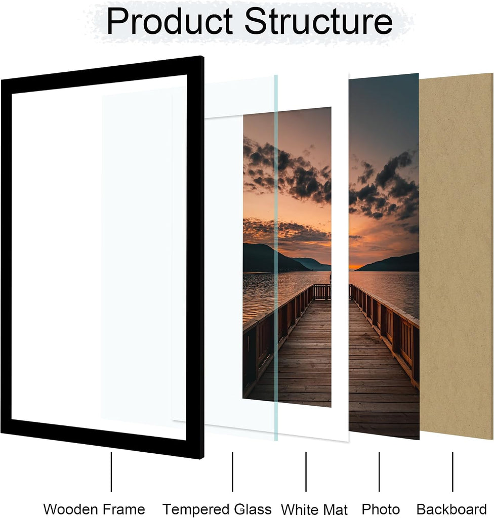 24x36 Poster Frame Set of 2, 24 x 36 Wood Picture Frames with Mat for 20x30, Wooden Photo Frame with Tempered Glass