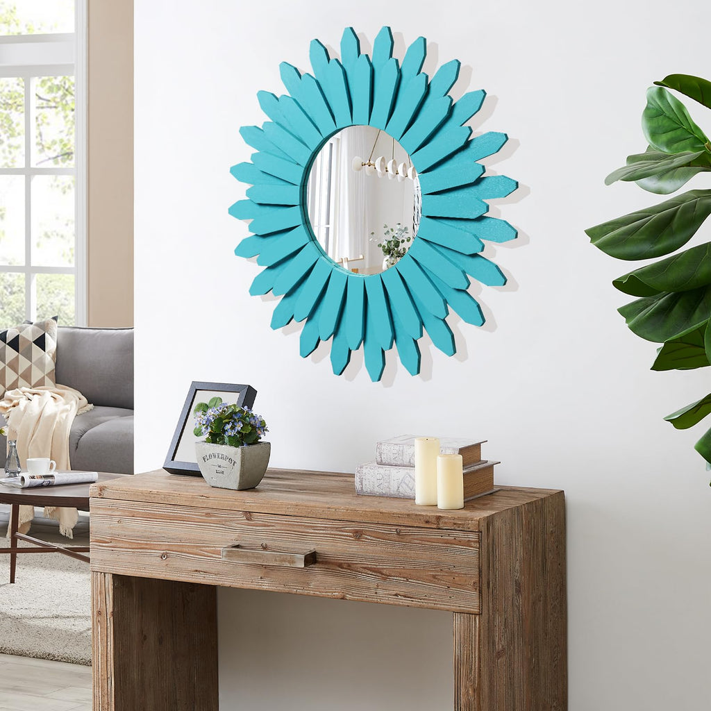 Beach Wall Decor Mirror 21 inch Wood Coastal Wall Decor Sunburst Boho Home Decor Room Decor Living Room Entryway Cyan