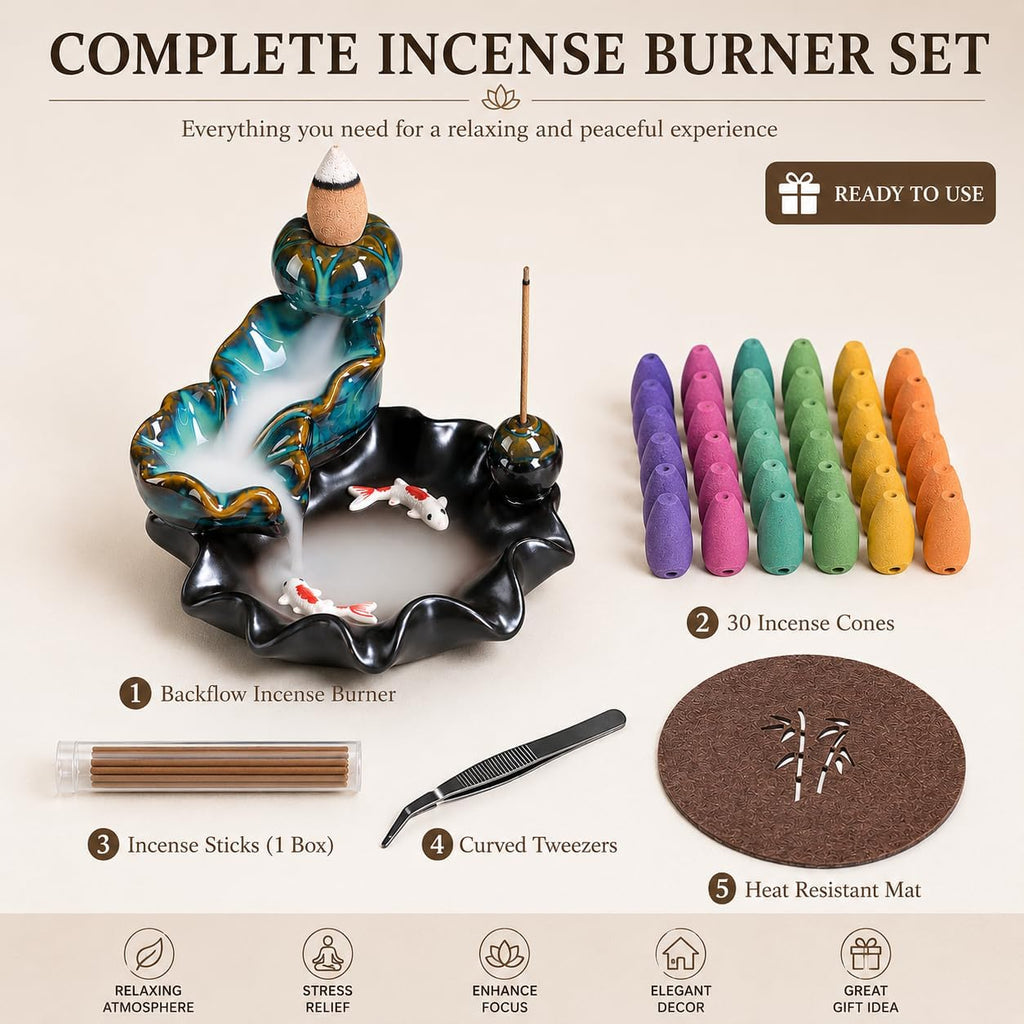 Ceramic Waterfall Backflow Incense Burner Holder, Home Aromatherapy Decoration Ornament with 30 Backflow Incense - Set of 54