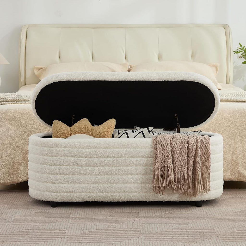 45.5" Storage Teddy Ottoman Bench Upholstered Fabric Bench Hidden Storage Chest with Slow-Close Safety Hinge , White