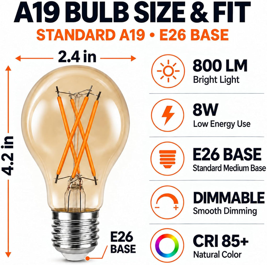 A19 LED Edison Bulbs, 12 Pack, 60W Equivalent, Dimmable, 2200K