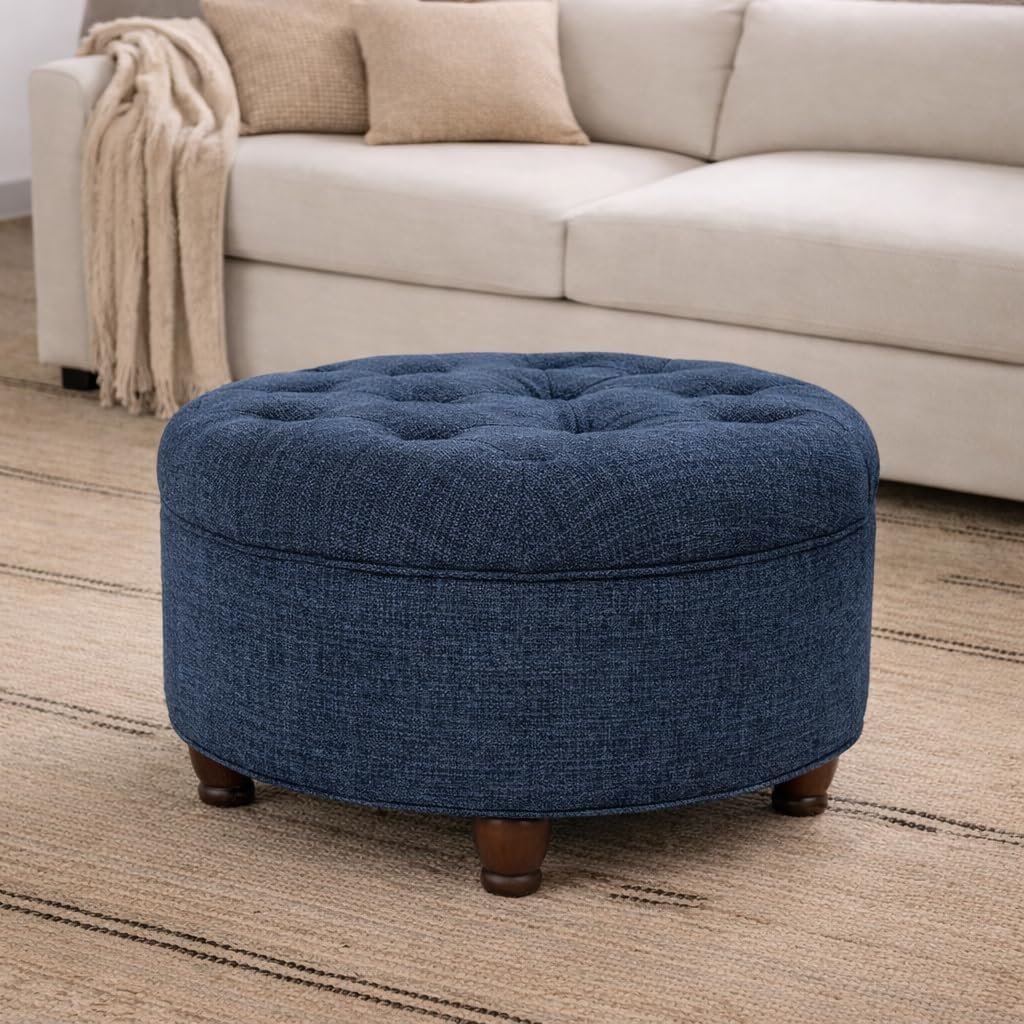 Home Decor | Large Button Tufted Woven Round Storage Ottoman (Navy Woven) 25 inch D x 25 inch W x 15 inch H