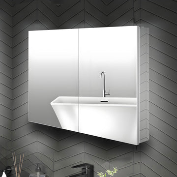 32 x 24 Inch Bathroom Medicine Cabinet with Mirror, Surface, Aluminum Frame with Mirrored Side Panels, Adjustable