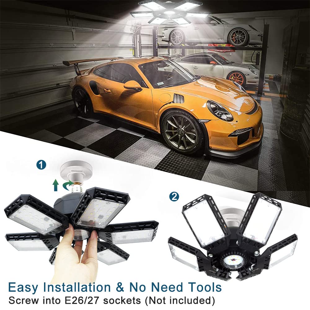 2-Pack LED Garage Lights, 160W 6500K Garage Lights Ceiling Led Bulb with 6+1 Adjustable Panels, LED Shop