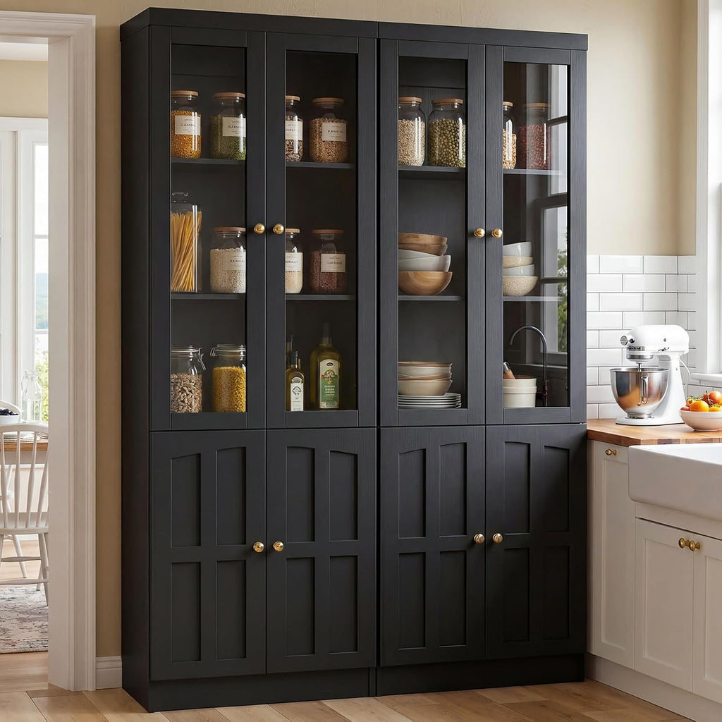 80" Bookshelf with Glass Doors and Adjustable Shelves, Set of 2 | Farmhouse Bookcase with Baseboard Cutout and