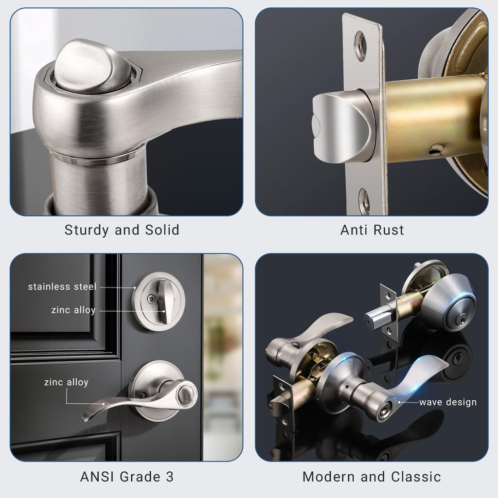 6 Pack Entry Lock with Single Cylinder Handleset Satin Nickel, Keyed Alike(Combo Pack), Wave Style Door Lever Lockset