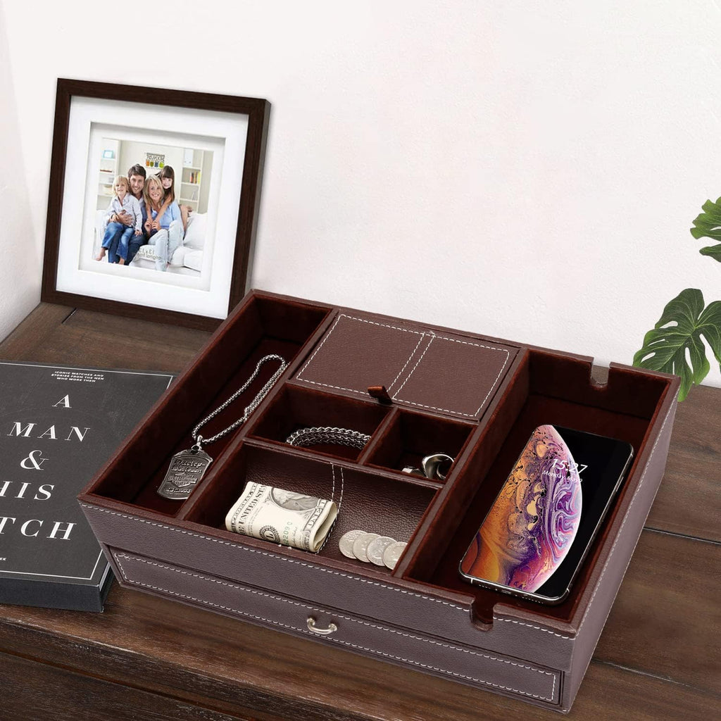Valet Tray for Men, 2 Layers Nightstand Organizers for Men and Women, Leather Jewelry Storage Box, Mens Dresser Top