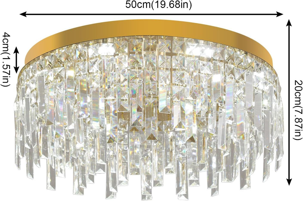 Gold Crystal Chandeliers for Dining Room 19.68" Round Luxury Flush Mount Crystal Ceiling Light Fixture Modern