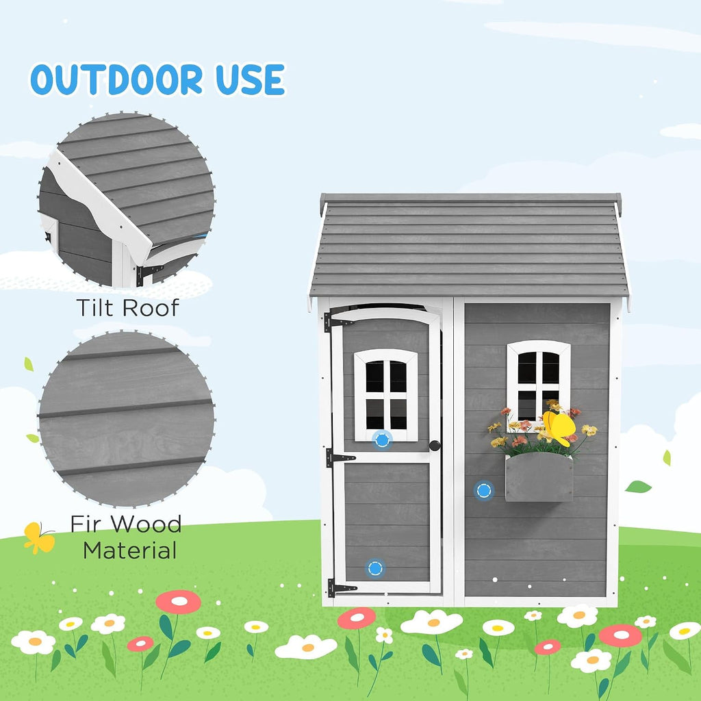 50x50x72in Kids' Outdoor Wooden Playhouse Includes Two Doors Two Windows Safety Floor PlanterBox for Children Ages 3