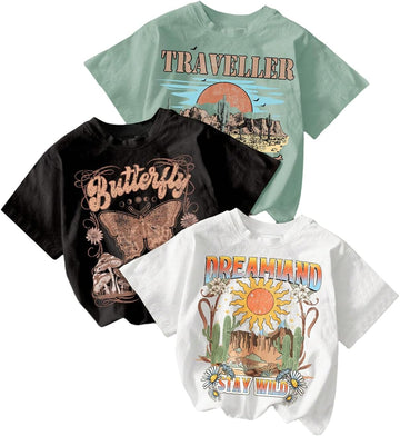 Girl's Shirts 3 Packs Graphic Tees Short Sleeve T Shirt